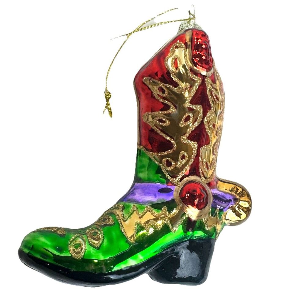 BLOWN GLASS "COWBOY BOOTS" CHRISTMAS ORNAMENT Red Green Blue Silver Sparkle 4”